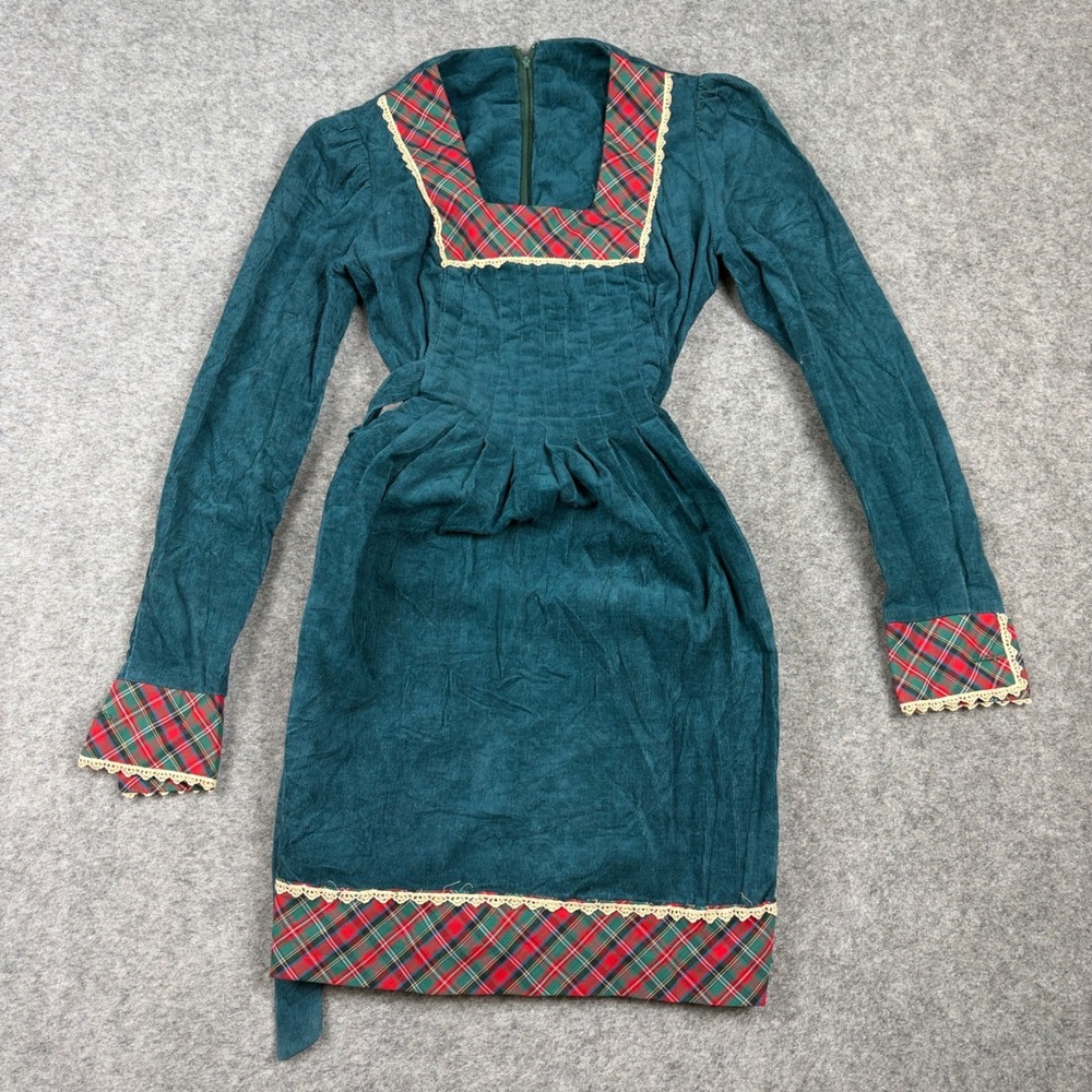 Jody of California‎ Dress Womens 5 Green Corduroy Plaid Vintage 70s Mini 518